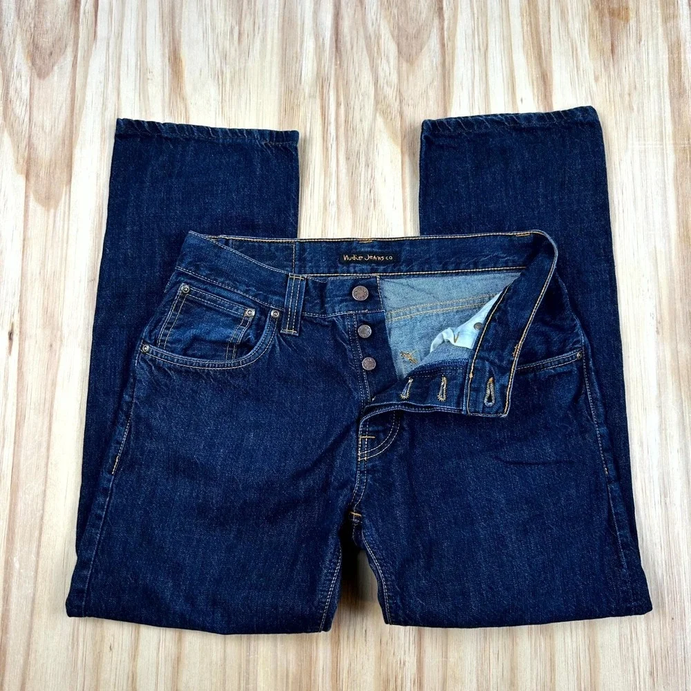 Nudie Jeans Co. Mens 30x26 Blue Denim Dark Wash Straight Leg Button Fly Everyday